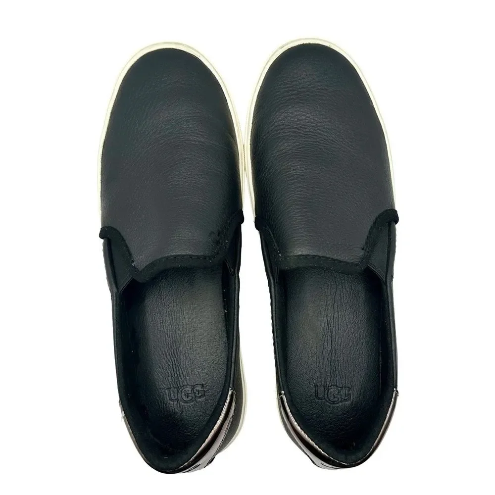 Ugg Cahlvan Black Leather Slip On Gold Accent Sneakers Size 7.5
